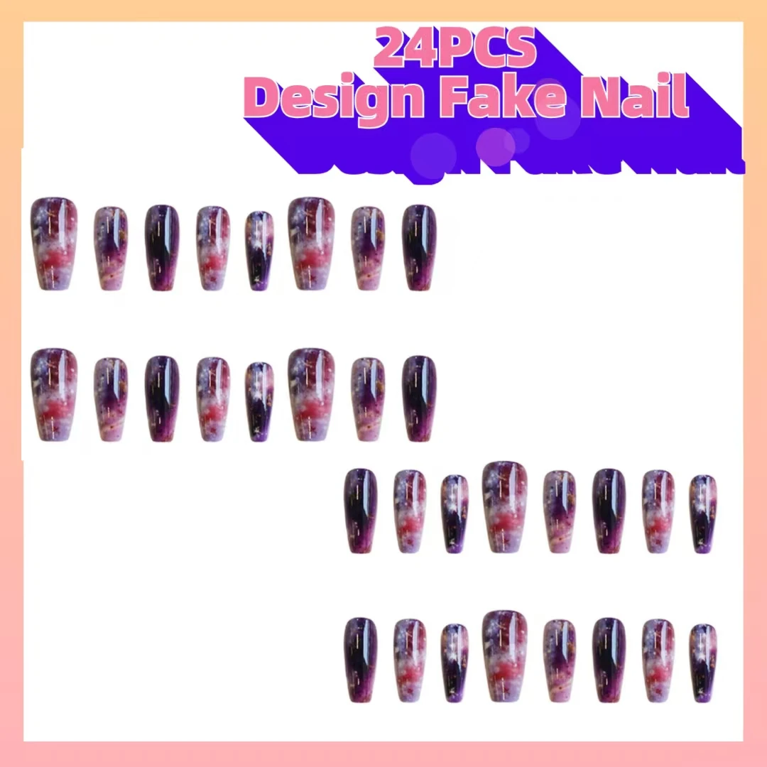 24 unids/set Y2K uñas postizas cortas de ballet medio puntas de uñas cuadradas Dreamy Violet Universe diseño de cielo estrellado prensa en uñas postizas arte