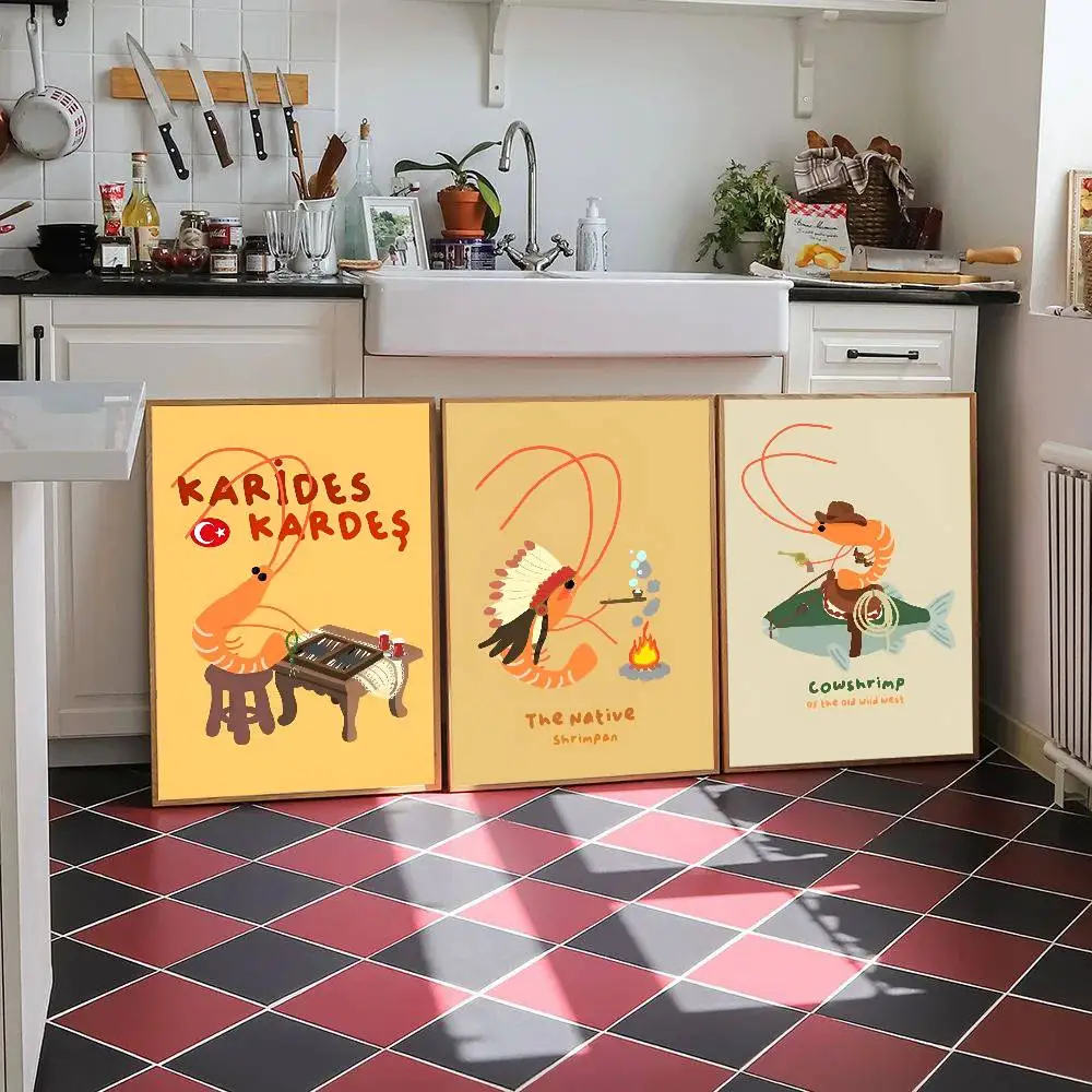 Abstract Kitchen Food Shrimp Picnic Poster Self-adhesive Art Room Entrance Restaurant Wall Decor Art Painting