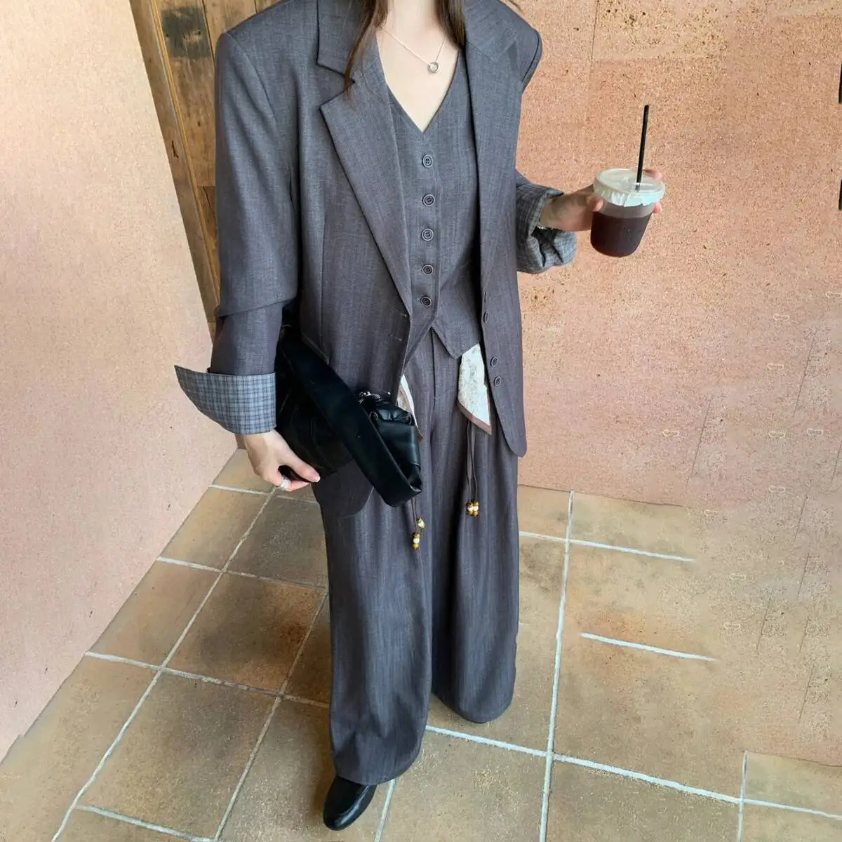 BJTZ سترة واحدة الصدر الخامس الرقبة سترة عالية الخصر السراويل واسعة خمر المرأة 3 قطعة دعوى مجموعة ربيع الخريف موضة جديدة