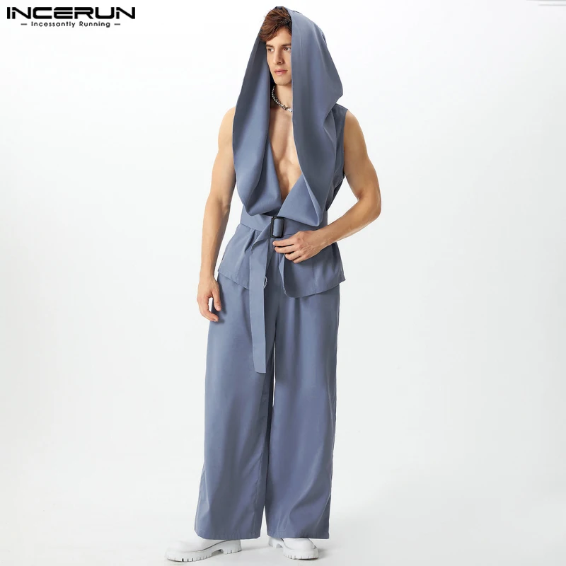 Fashion Sexy Style Sets INCERUN Handsome New Men\'s Hooded Silhouette Belt Vest Wide Leg Pant Casual Clubwear Male Two-piece Sets