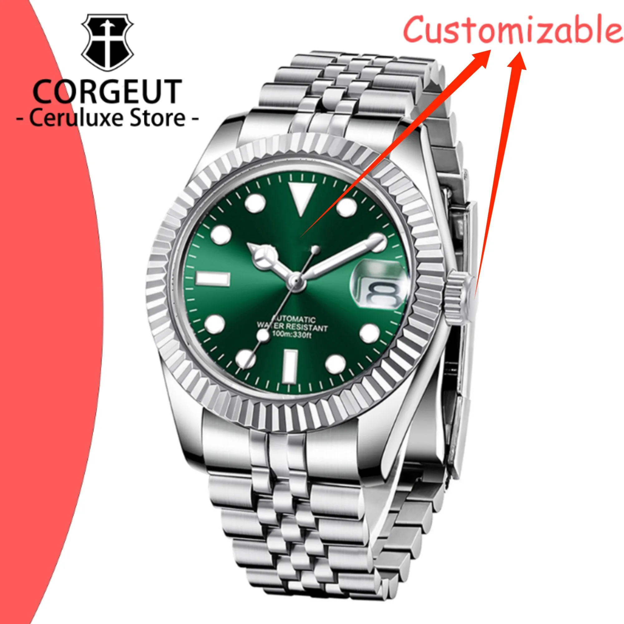 CUSTOM Logo DIY NH35 Automatic Mechanical Watches Stainless Steel Green Dial Men's Watch Sapphire Crystal Jubilee Bezel Watches