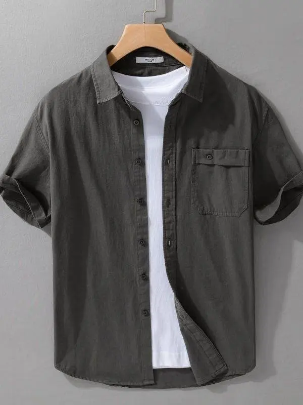 2025年夏メンズ半袖シャツ-薄手スタイル-フレッシュでゆったりとしたシンプルなハンサムカラー-ピン付き-無地-多用途ワークウェア