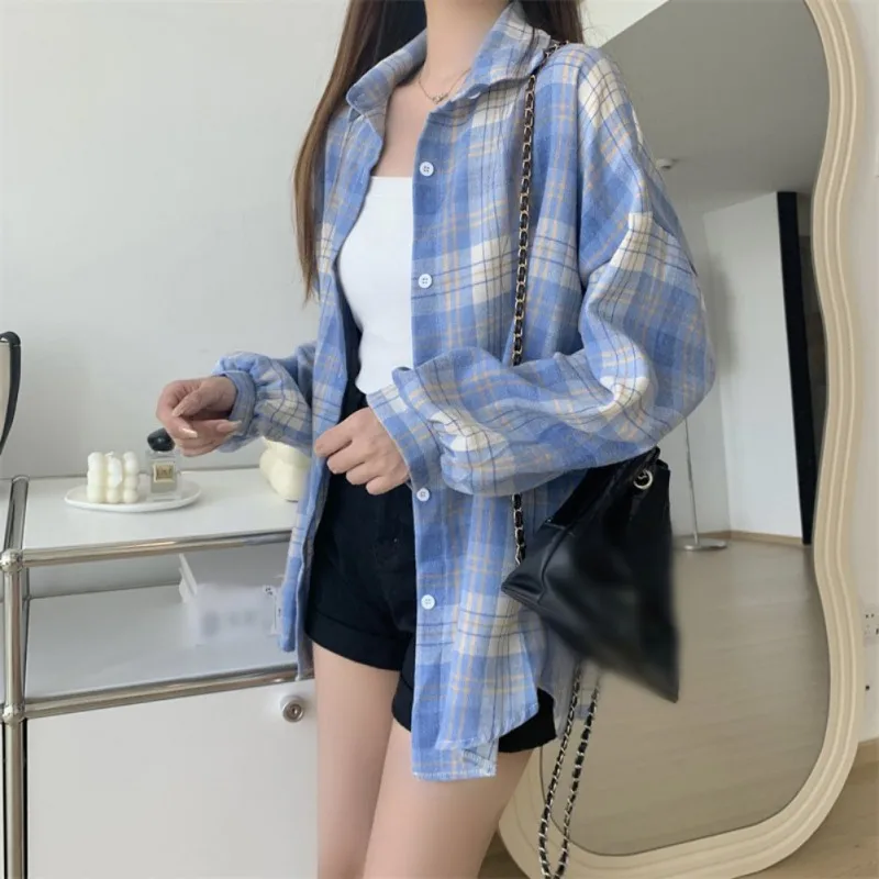 Retro Fashion Plaid Long Sleeves Shirts for Women All Seasons Loose Casual Outerwear Shirts for Female Soft Universal Tops