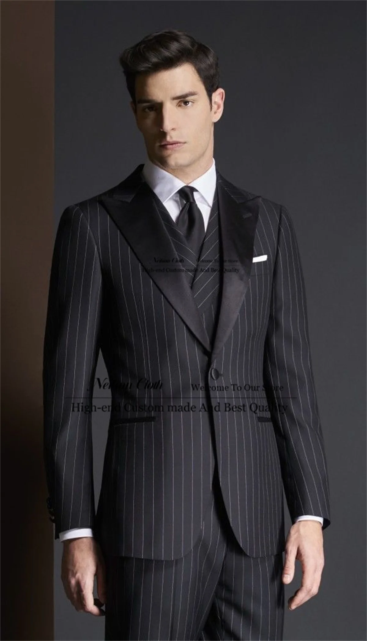 Fashion Black Male Prom Blazers 3 Pieces Sets Stripe Groom Wedding Tuxedos Peaked Lapel Customized Slim Fit Terno Masculino