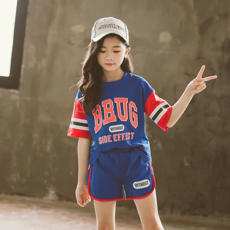 

New Girls Sporty Summer Fashion Korean Style 2pcs Cotton T-shirts+Pants Suits 4-14 Years Kids Outfits Sets Children Gift Clothes