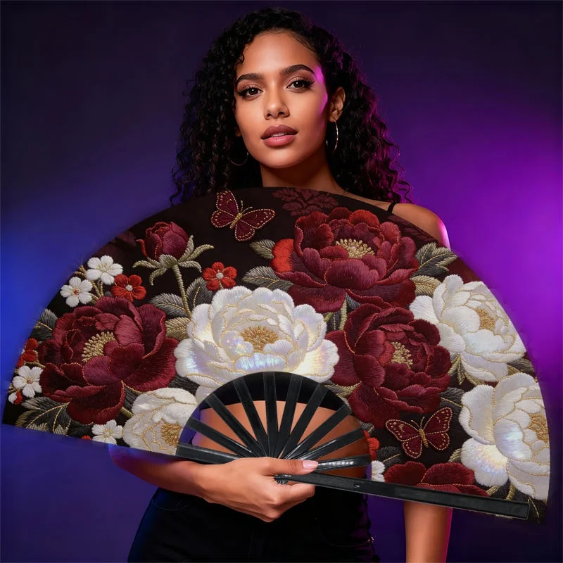 1pc Men's Handheld Fan with Ornate Embroidery - Dark Red with Floral & Butterfly Design, Portable Cooling Fan Suitable for Daily Use, Outdoor, Travel & Special Events - Elegant Cooling Fan for Hot Weather