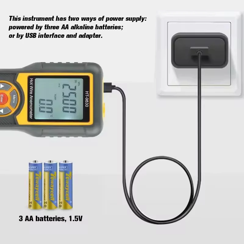 HTI HT-9830 anemometro digitale velocità del vento professione con Tester di temperatura interfaccia USB 0 ~ 25 m/s anemometro sensore del vento