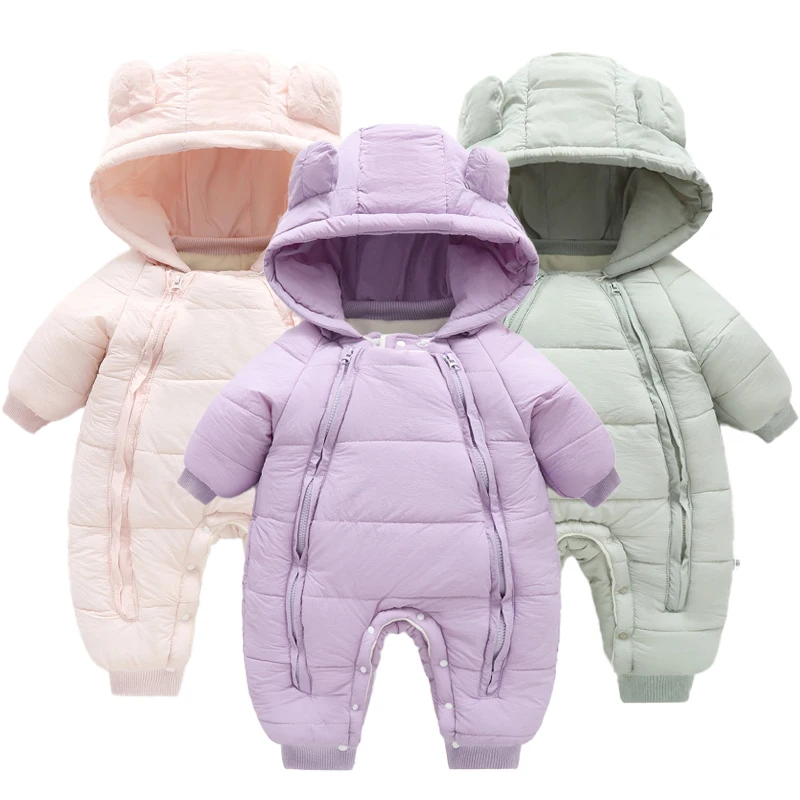 0-3 Years Newborn Autumn Winter Baby Boys Girls Rompers Dual Zipper Design Thick Keep Warm Detachable Hooded Bodysuits For Kids