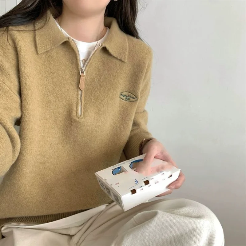 Version coréenne de Simple col Polo fermeture éclair haut pull en tricot femmes automne hiver 2025 nouveau Style polyvalent ample tenue décontracté