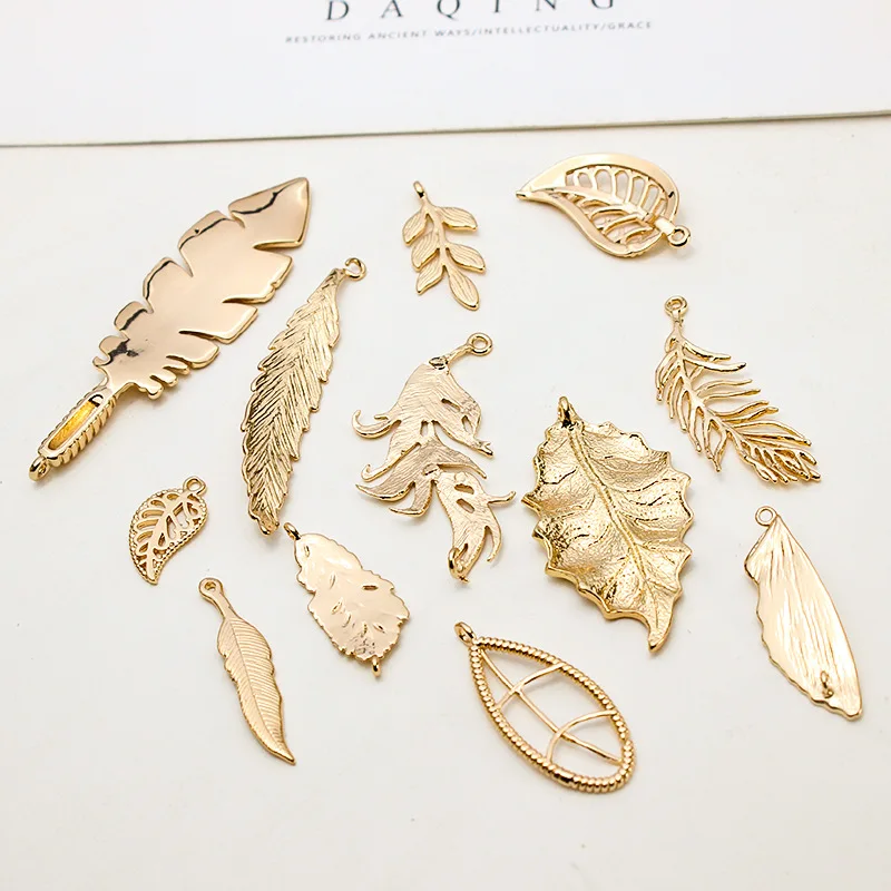 6pcs Diy Jewelry Accessories Copper Gold Color Leaf Feather Leaf Ornament Pendant Earrings Handmade Charms Jewelry Materials