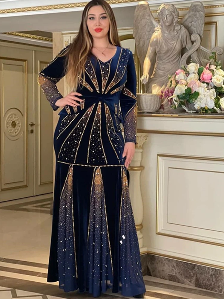 Luxury Formal Evening Velvet Long Dresses For Women African Fashion Autumn Winter Dashiki Beading Slim Fit Elegant Party Dress