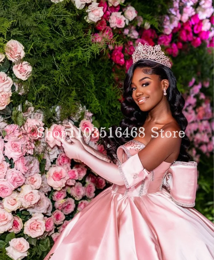 فساتين الأميرة الخيالية الوردية Quinceanera ، الساتان الفيكتوري المنفوش ، مزين بالخرز ، حفلة عيد ميلاد ، 15 عامًا