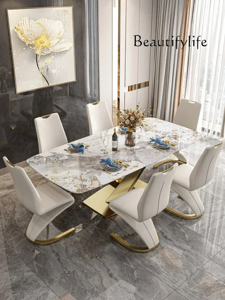 

Bright Stone Plate Modern Simple and Light Luxury Dining Tables and Chairs Set Pandora High-End Home Dining Table Rectangular