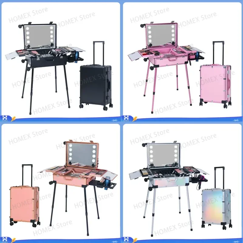 Retro Makeup Train Case with Mirror and LED Lights Professional Cosmetic Organizer Box for Artists Bridal Travel Storage