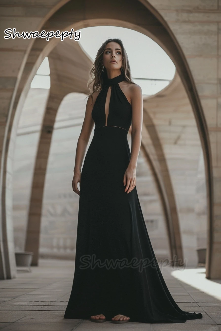 Black Mermaid Wedding Dress Simple Satin Long Gothic Wedding Gown O-Neck Sleeveless A Line Beach Sexy Vestido De Novia