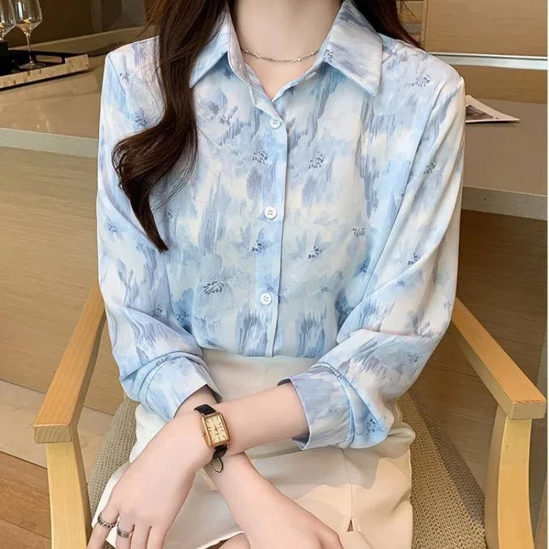 Spring Autumn Tie Dye Turn-down Collar Chiffon Button Lantern Long Sleeve Cardigan Shirt Casual Loose Fashion Elegant Tops