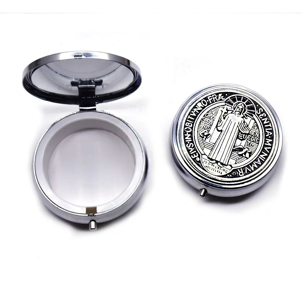 Retro Religious Jewelry Box Round Zinc Alloy Saint Benedict Jewelry Box Elegant Jewelry Storage Box Travel Storage
