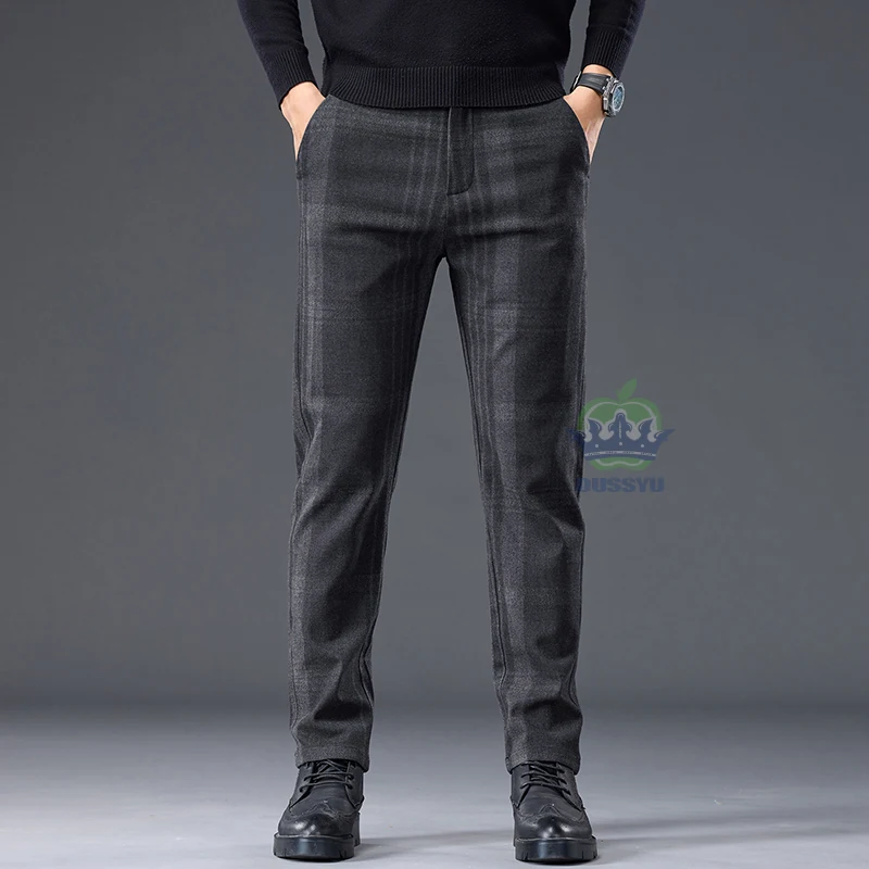 Autumn Winter British Style Plaid Stretch Pants Men Business Fashion Slim Grey Blue Casual Work Trousers Male Brand Clothing
