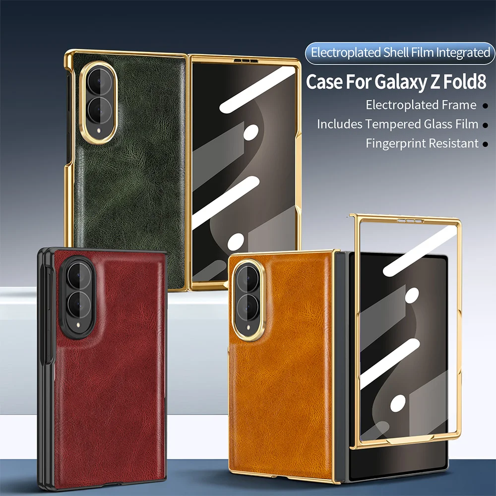 For Samsung Galaxy Z Fold 8 Wide 5G Case Luxury Electroplated Matte Leather With Tempered Film Shockproof Back Case Accessories