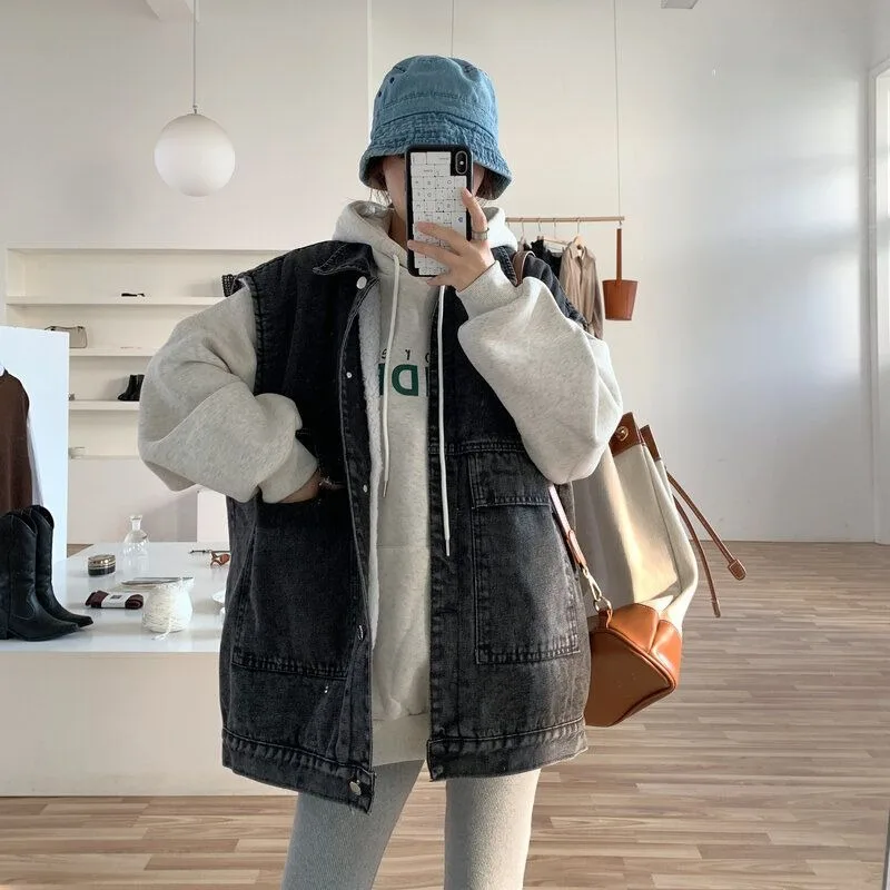 Denim Vest for Women Fleece Lined Thickened Workwear Jacket Casual Outerwear Autumn Winter