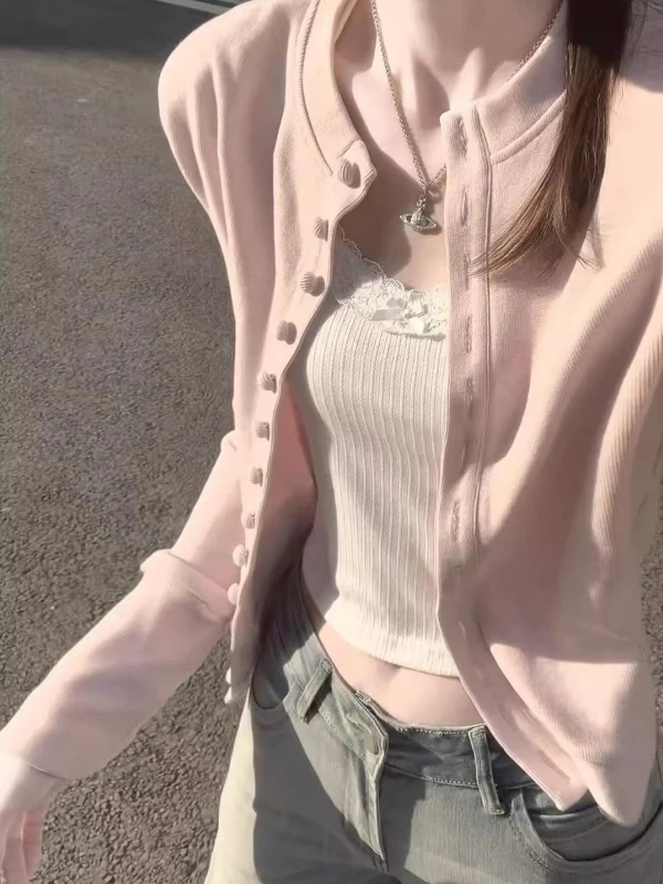 

Spring New Elegant Pink round Neck Single Button Versatile Long Sleeve Women's Cardigan Sweet Style Breathable Short Coat