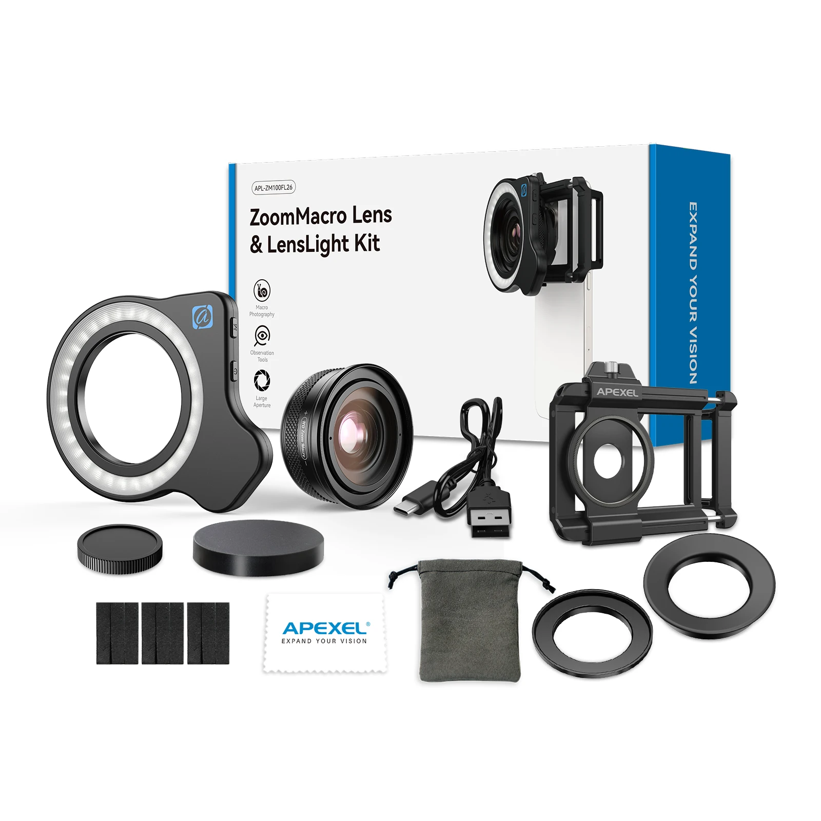 

Макрообъектив APEXEL 10-20X Zoom + комплект светодиодных фонарей FL26, профессиональный объектив для макрокамеры мобильного телефона, совместимый с iPhone и другими