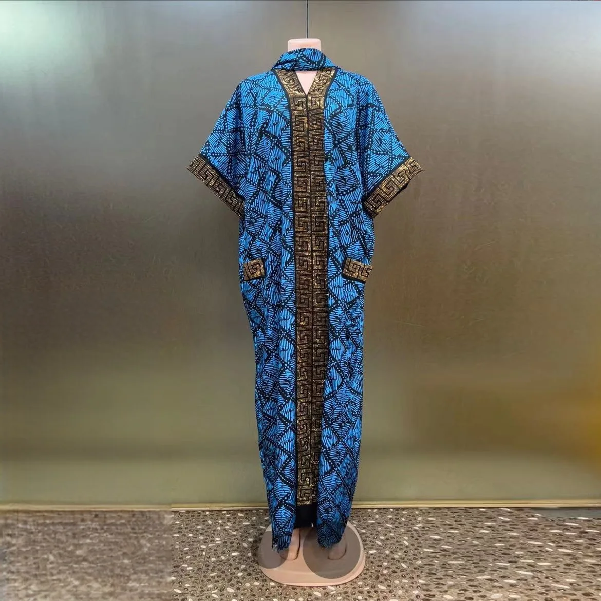 2025 New Fashion Hot Style Heavy Industry Hot Diamond Flap Pocket Pants Middle Eastern Bubu V Neck Evening Dress African Print Loose Muslim Women's Dress