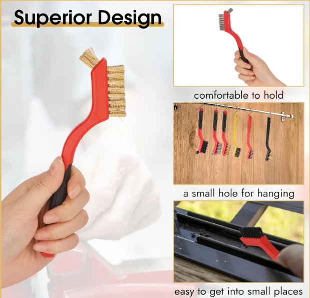 6pcs Wire Brush Set Cleaning Derusting Brass Stainless Steel Nylon Brushes For Cleaning Metal Rust Paint Removal Hand Tool