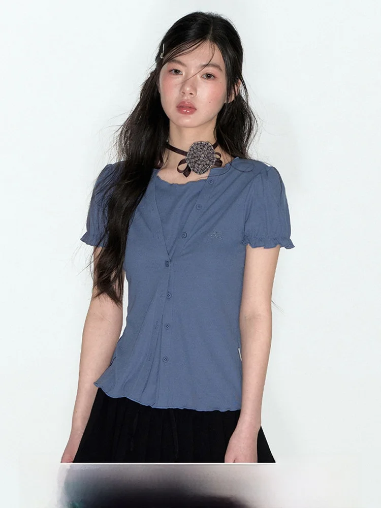 

NAPSNAPS Original Knitted Slim Fit Short Sleeve T-Shirt Women's Summer New Sweet Style Pure Color Patchwork Fake Two-Piece