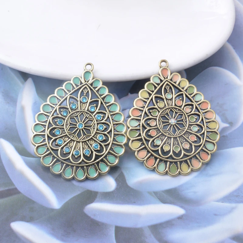 10 Stück/Set Böhmischer Stil Legierung Emaille Wassertropfen Anhänger Schmuckzubehör Ohrringe Strass Charms – Detail 3