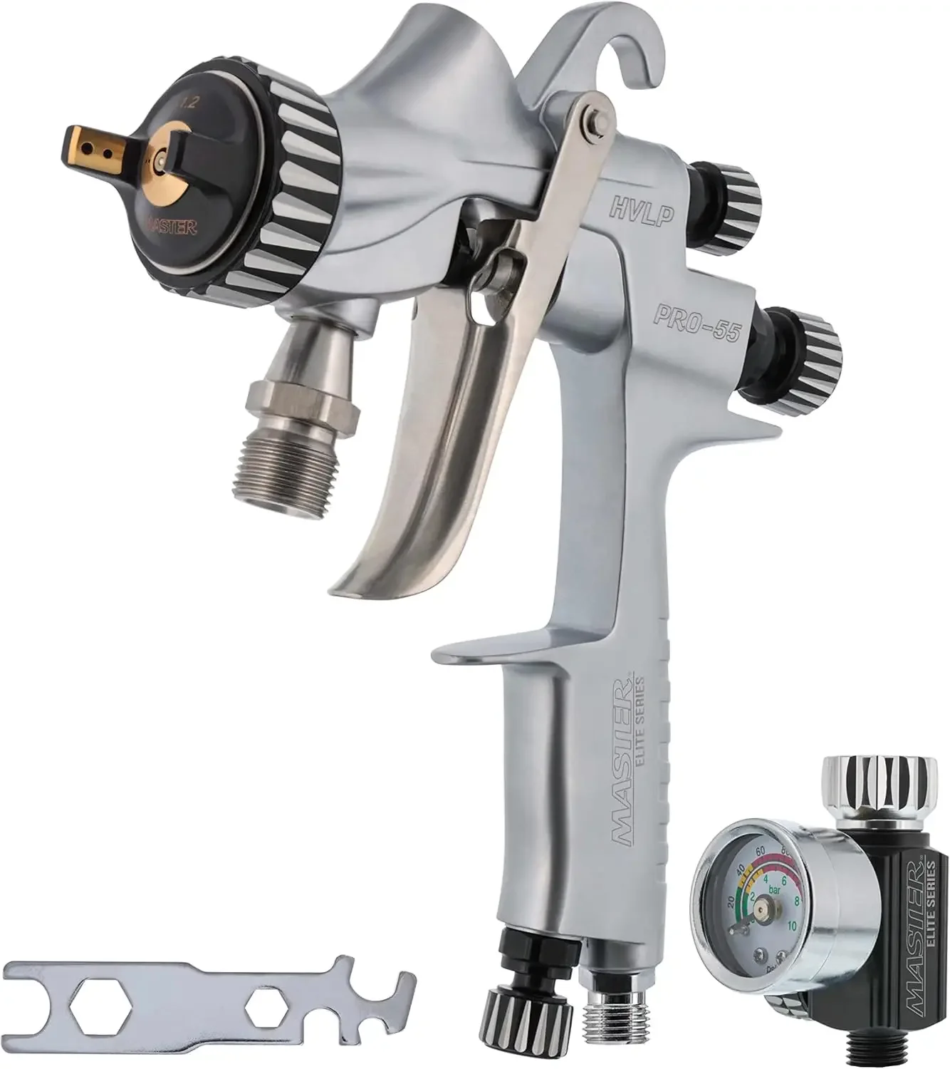 Master Elite High-Performance PRO-55 Series HVLP Pressure Feed Spray Gun with 1.2mm Tip - Ideal for Automotive Basecoats, Clearc