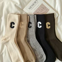 Five Pairs of Socks Women's Autumn and Winter Solid Color Letter C Cotton Socks Korean Couple Casual Medium Stockings