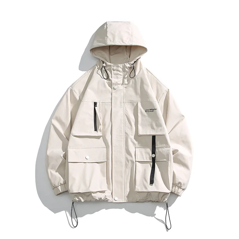 رجل الخريف معطف البضائع رسالة مطبوعة جيب سحاب أكمام طويلة الرجال مقنعين سترة موضة كبيرة الحجم الرياضة في الهواء الطلق الذكور ملابس خارجية