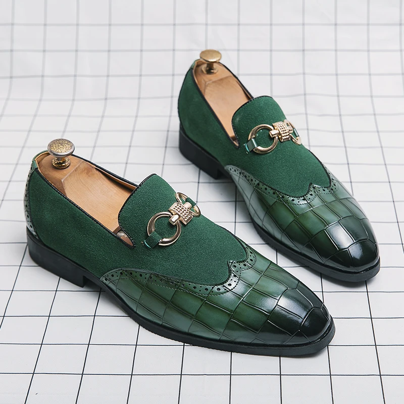 Autumn Green Loafers Men Slip-on Nubuck Leather Luxury Brand Thick Bottom Pointed Toe Fashion Designer Leather Shoes Men Casual