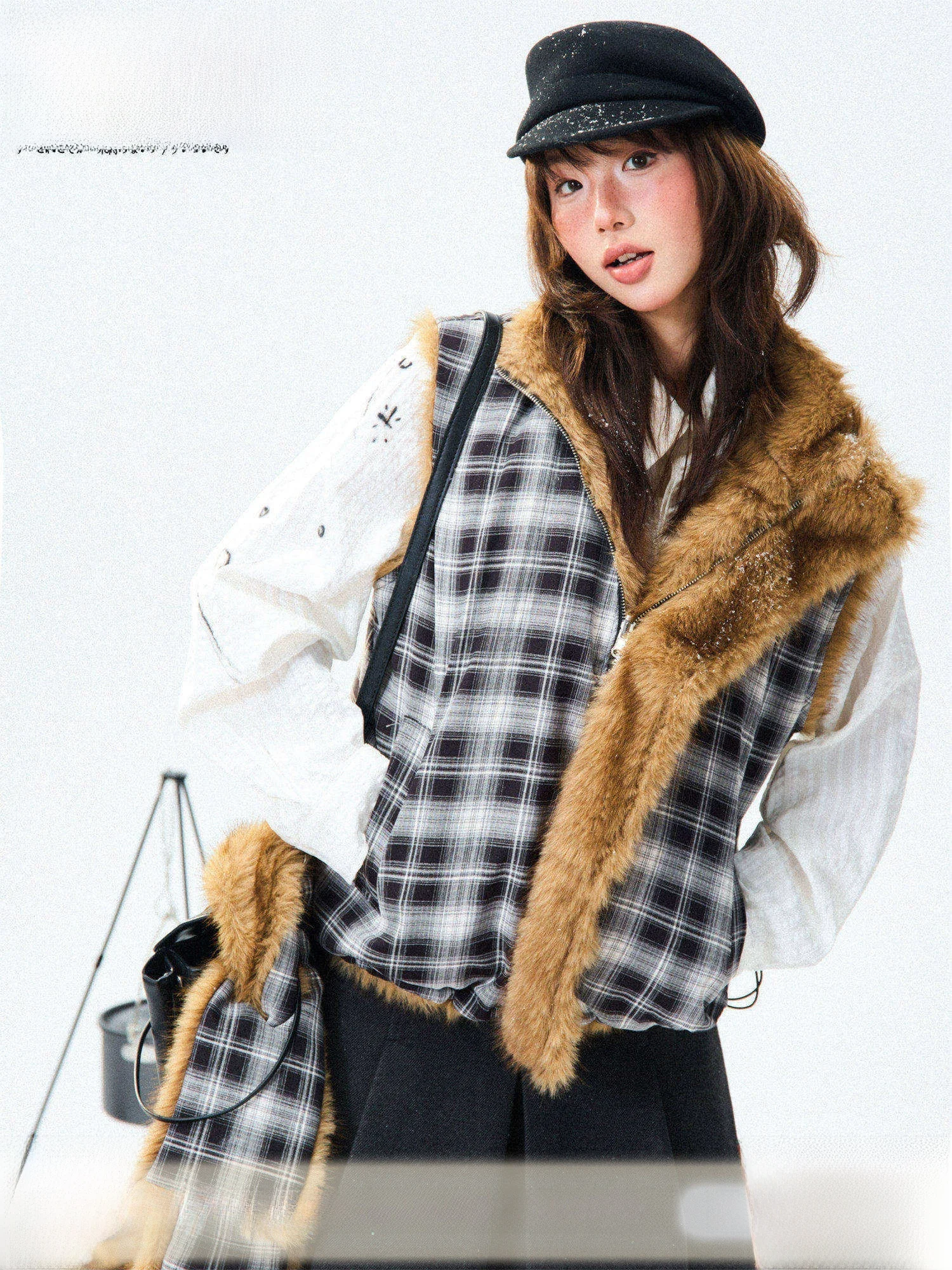 

Double-Sided American Plaid Jaet Vest Women's Winter Outerwear Casual All-Match Fur Ne Warmer Polyester Fiber Zipper