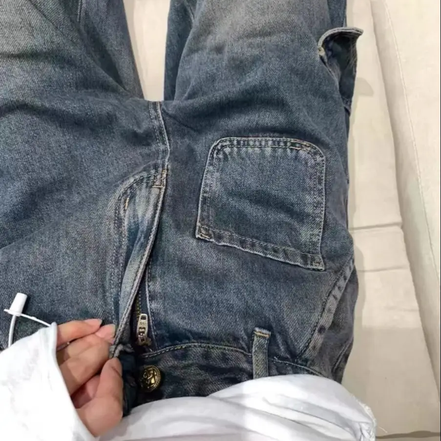 

American Retro Pocket Workwear Wide-Leg Jeans Women Spring Autumn New High-Waist Loose Design Straight-Leg Mopping Pants