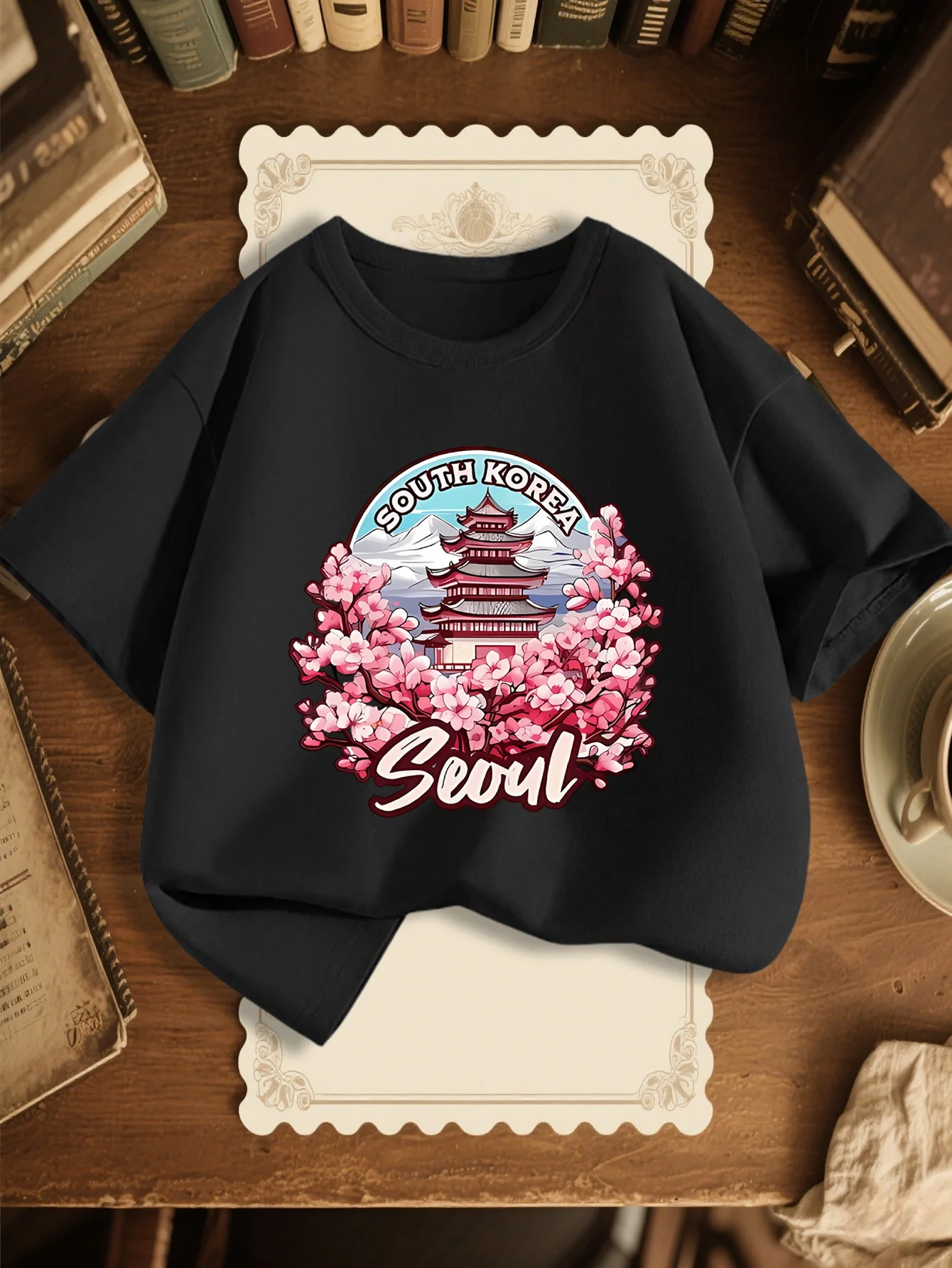 Cute Seoul Flower Scenery Print Graphic Kids Tee Boys Girls Family Matching Cotton Crew Neck Short Sleeve Soft Summer Tee