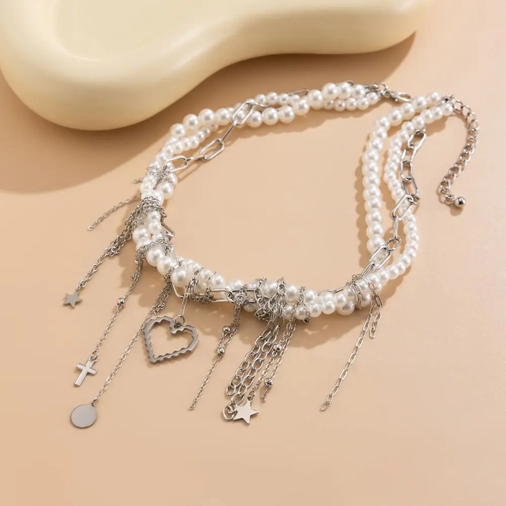 

Trendy Retro Style Imitation Pearls Necklace Star Heart Mulitilayered Pearls Necklace Alloy Elegant Tassel Necklace Daily Wear