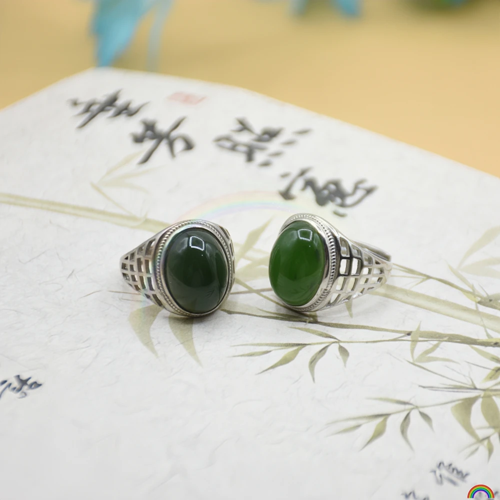 Natural Hotan Jade Jasper Ring S925 silver inlaid egg surface spinach green jade ring Rwbuy brand design