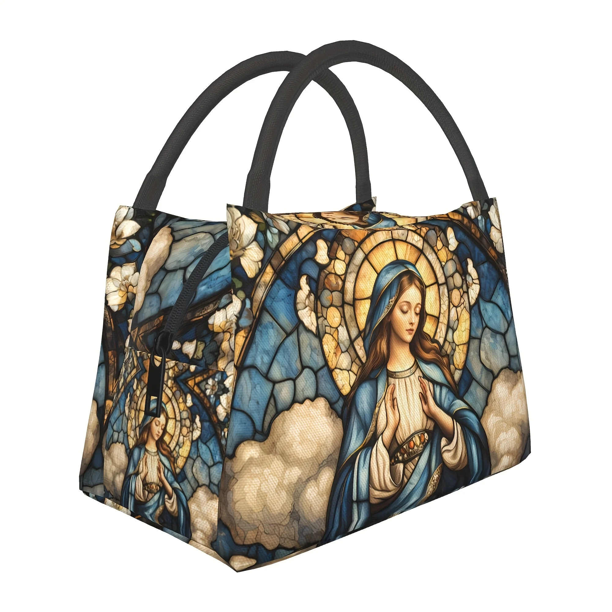 

Our Lady Mary Stained Glass Design Insulated Lunch Bag Portable Reusable Cooler Tote with Black Handle, Perfect for Camping