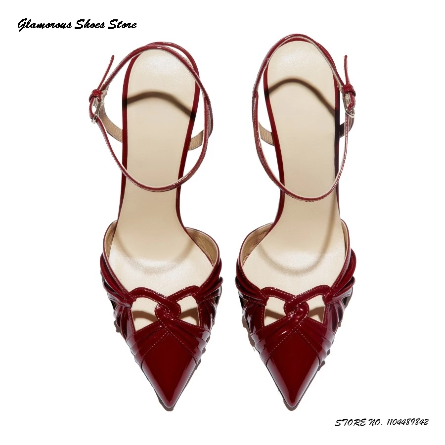 

Ankle Strap Patent Leather Sandals Office Ladies Hollow Pointed Toe Thin High Heels Shoes Women's Summer Party