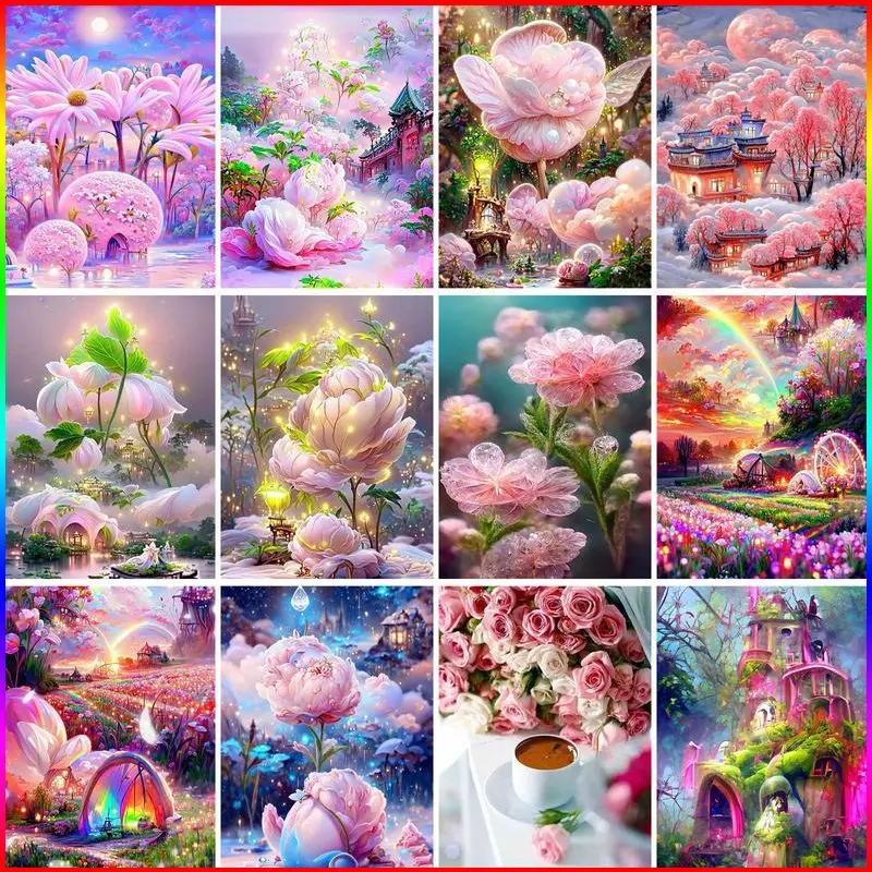 CHENISTORY Diamond Painting Pink Flowers Kit DIY Diamond Mosaic Sale Home Decoration Fantastic Scenery Pictures Of Rhinestones