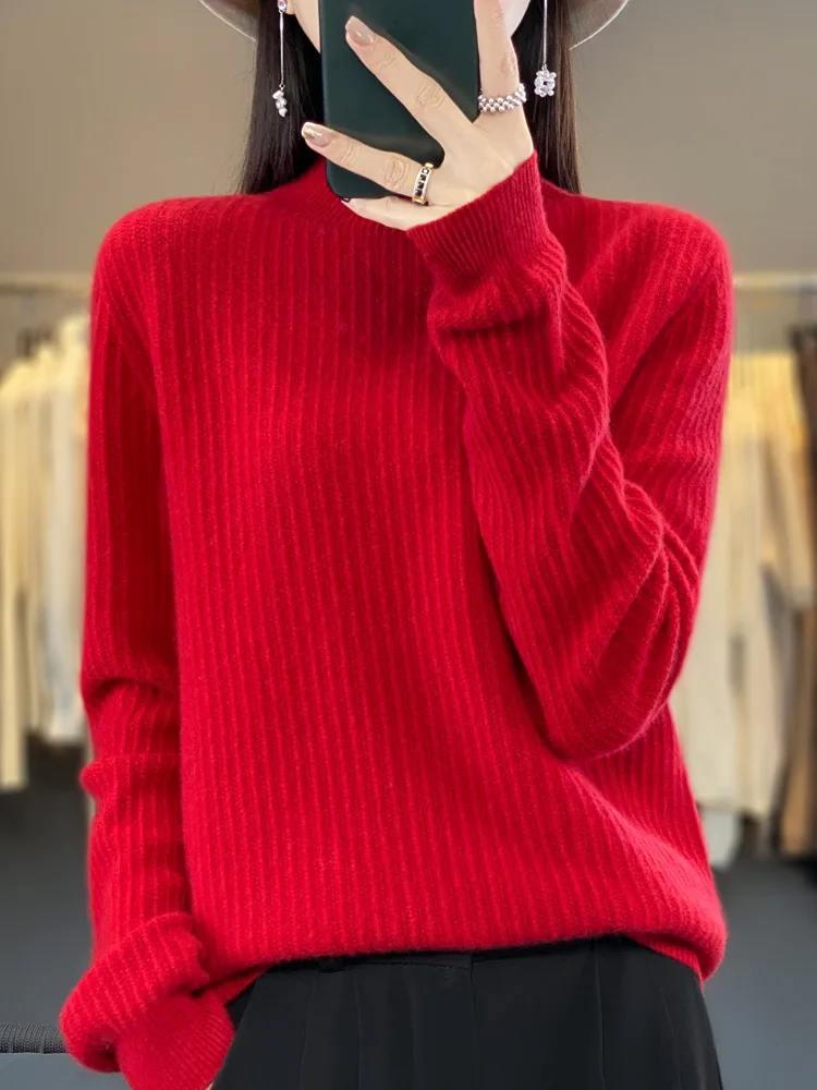 

New O-Neck Stripe Solid Color Pullover Spring Autumn 100% Merino Wool Women Sweater Long Sleeve Soft Casual Base Sweater Tops