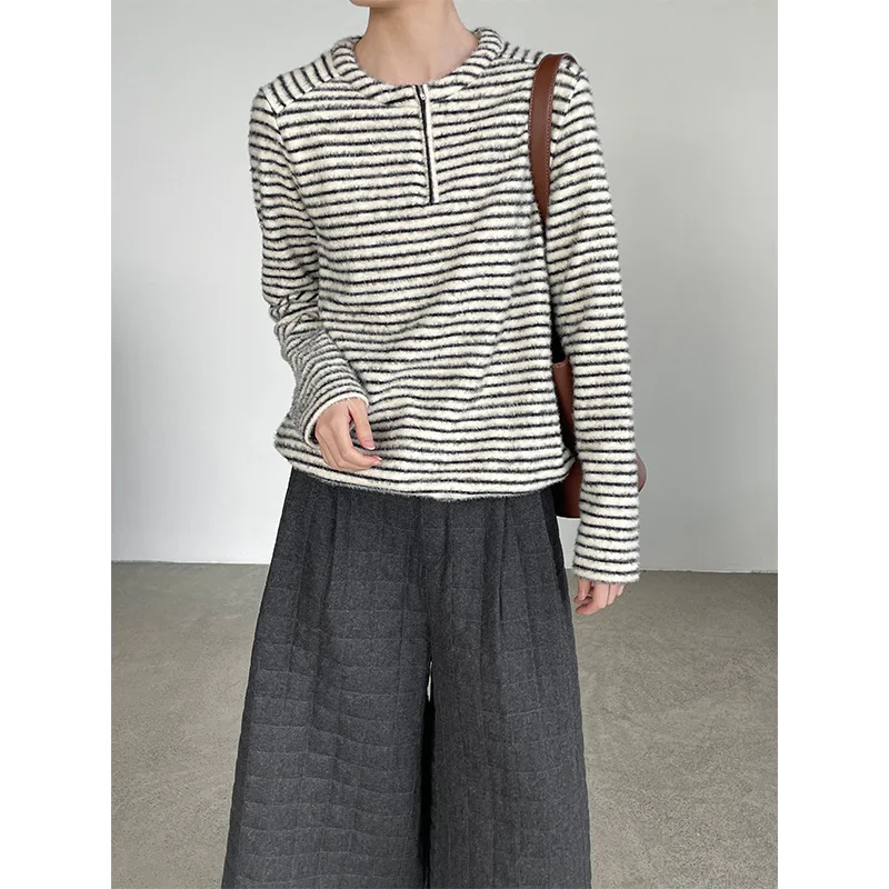 

Женская свободная кофта Taochuan в корейском стиле с круглым вырезом на молнии, с поясом, в полоску, из химического волокна