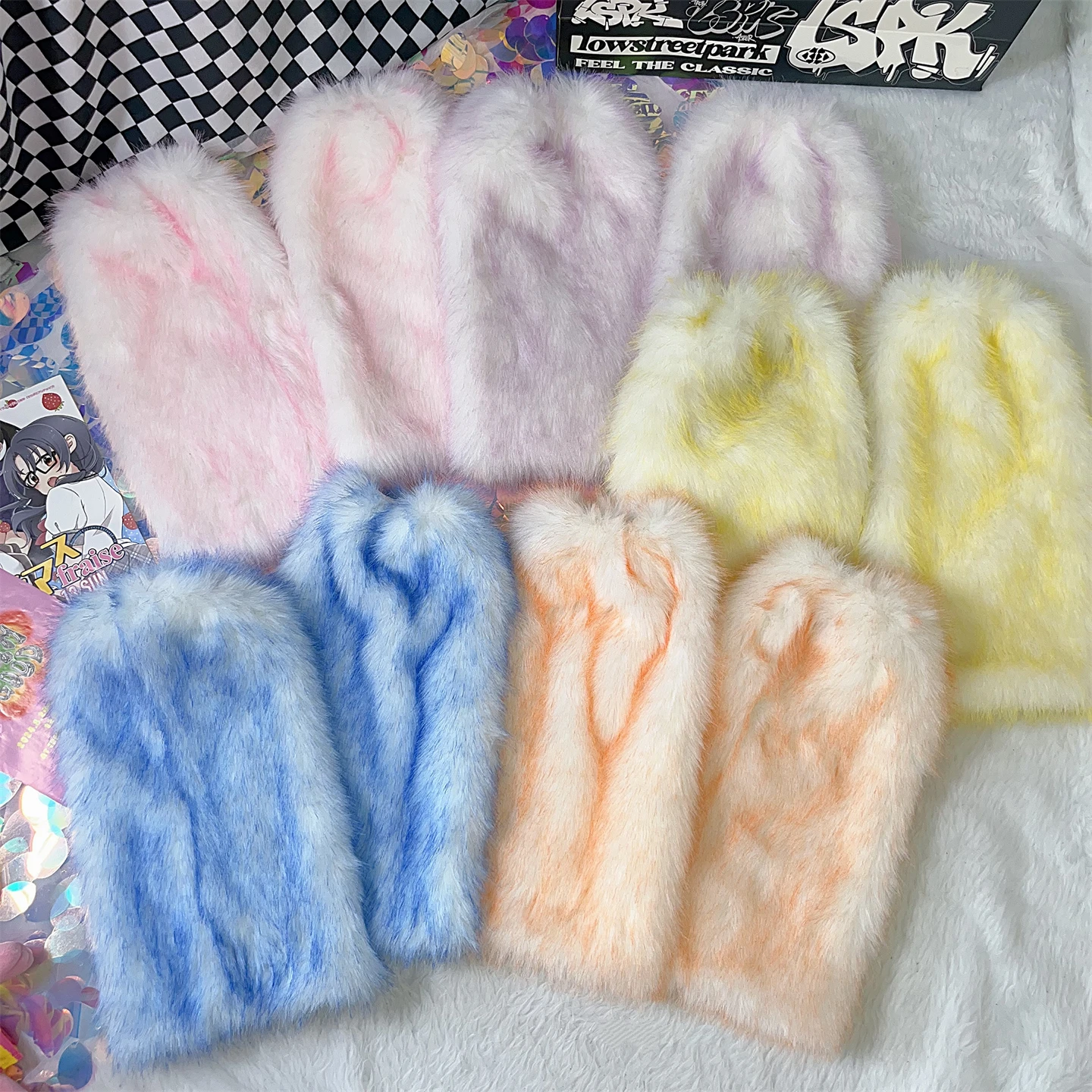 Shibuya Spice Y2K Subculture Faux Fox Fur Leg Covers Punk Retro Gothic Millenium Style Fur Warm Plush Gradient Leg Covers