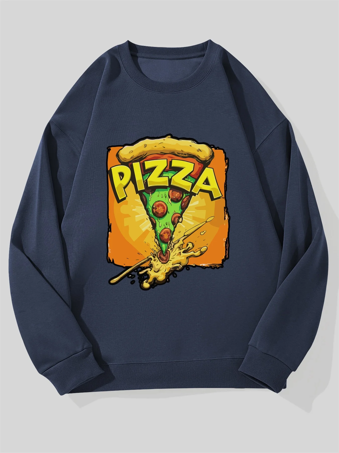 

Men's Casual Crew Neck Sweatshirt with Vibrant Pizza Graphic - "pizza" Design, Loose Fit, Long Sleeve, Polyester Blend, Perfect