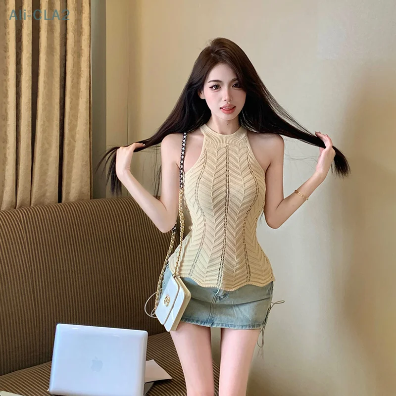 المرأة محبوك الرسن الرقبة تانك الأعلى ، مثير ضئيلة الأعلى ، أجوف خارج ، قبالة الكتف ، الصيف