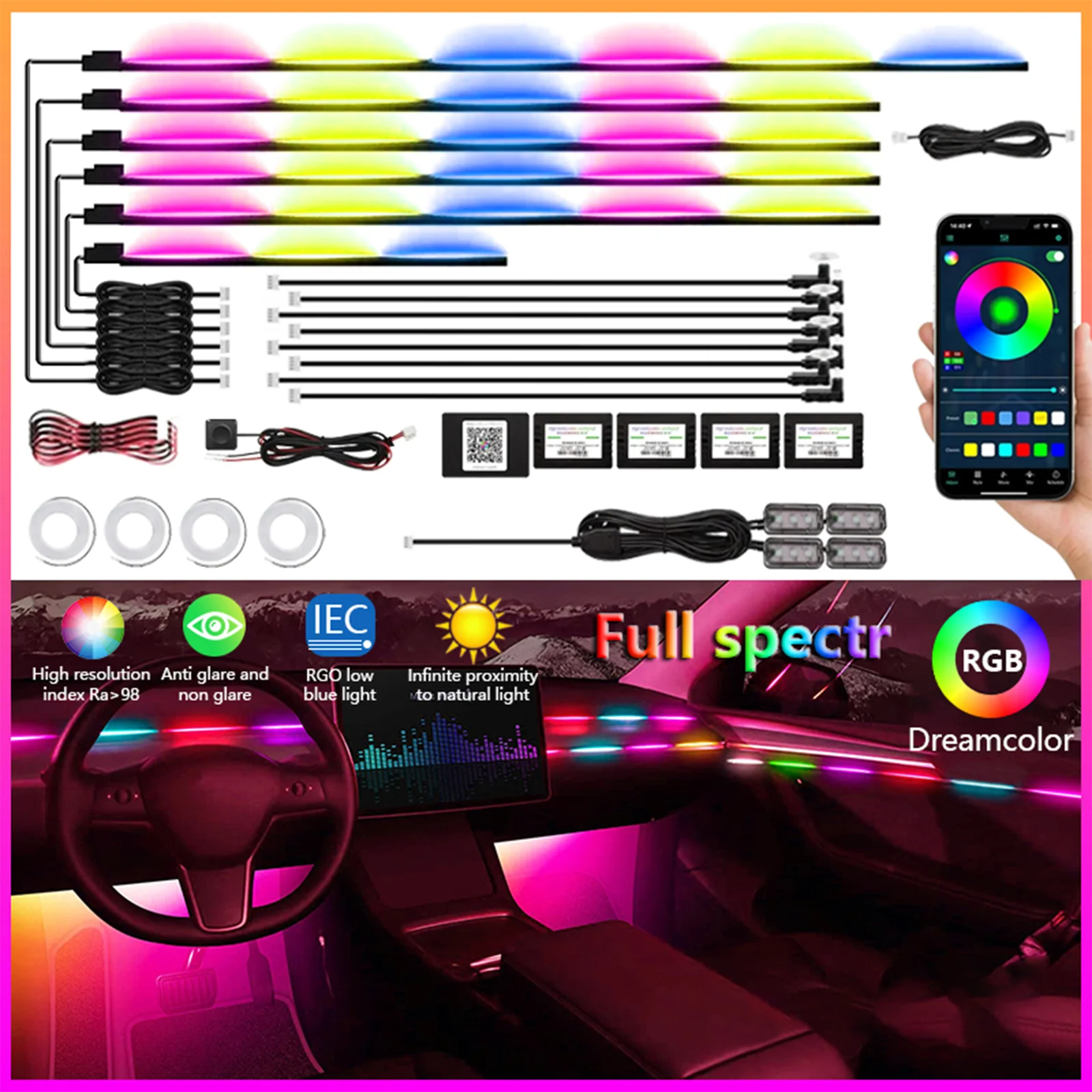 

Car Symphony Ambient LED Lamp Strips Remote App Control Auto Interior Accessories 64 RGB Rainbow Atmosphere Acrylic Lights 22in1