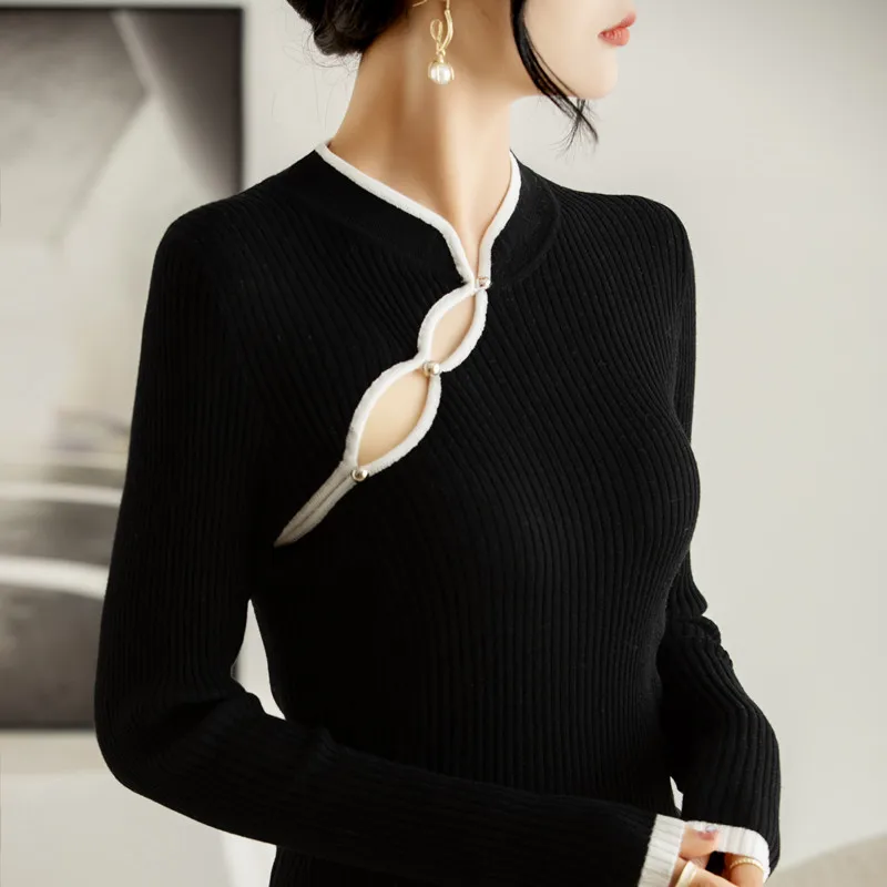 2023 New Women High Elasticity Sweater Chinese Cheongsam Style Pullover Basis Casual Slim Cashmere Warm Knitting Women