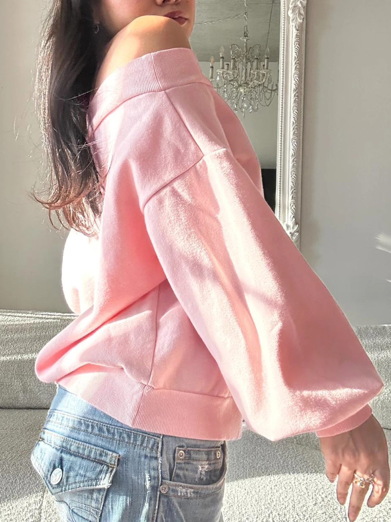 Rockmore Chic Sweet Off Shoulder Loose Bow Sweatshirts Casual Pink Long Sleeve Top Streetwear Y2k Clothes Women Autumn Pullover